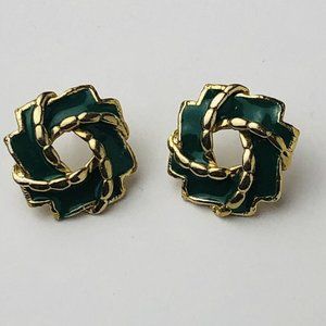 Vintage Gold and Emerald Colored Wreath Earrings Antique Overlapping Leafs
